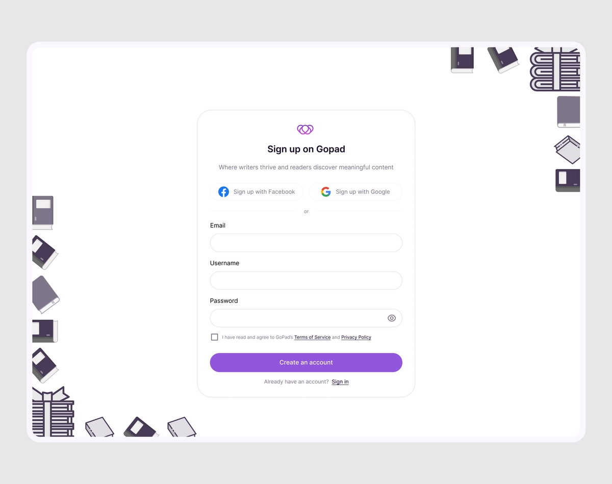 Sign up screen