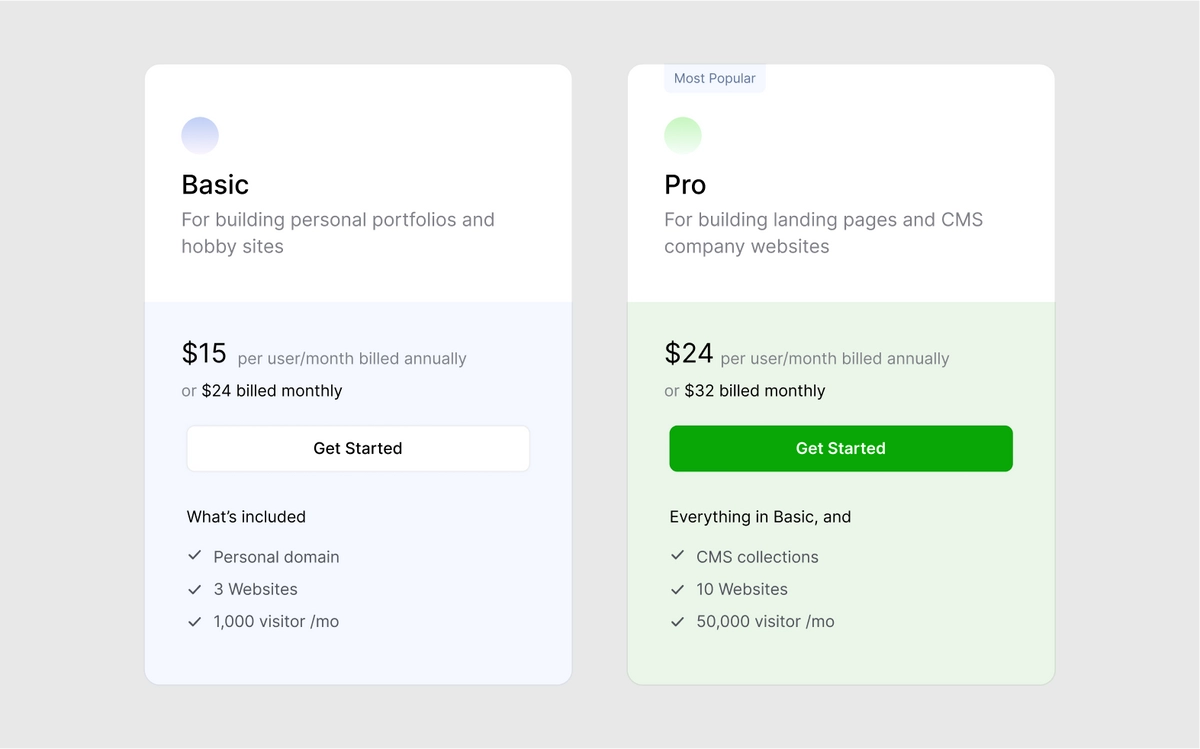 Pricing cards UI