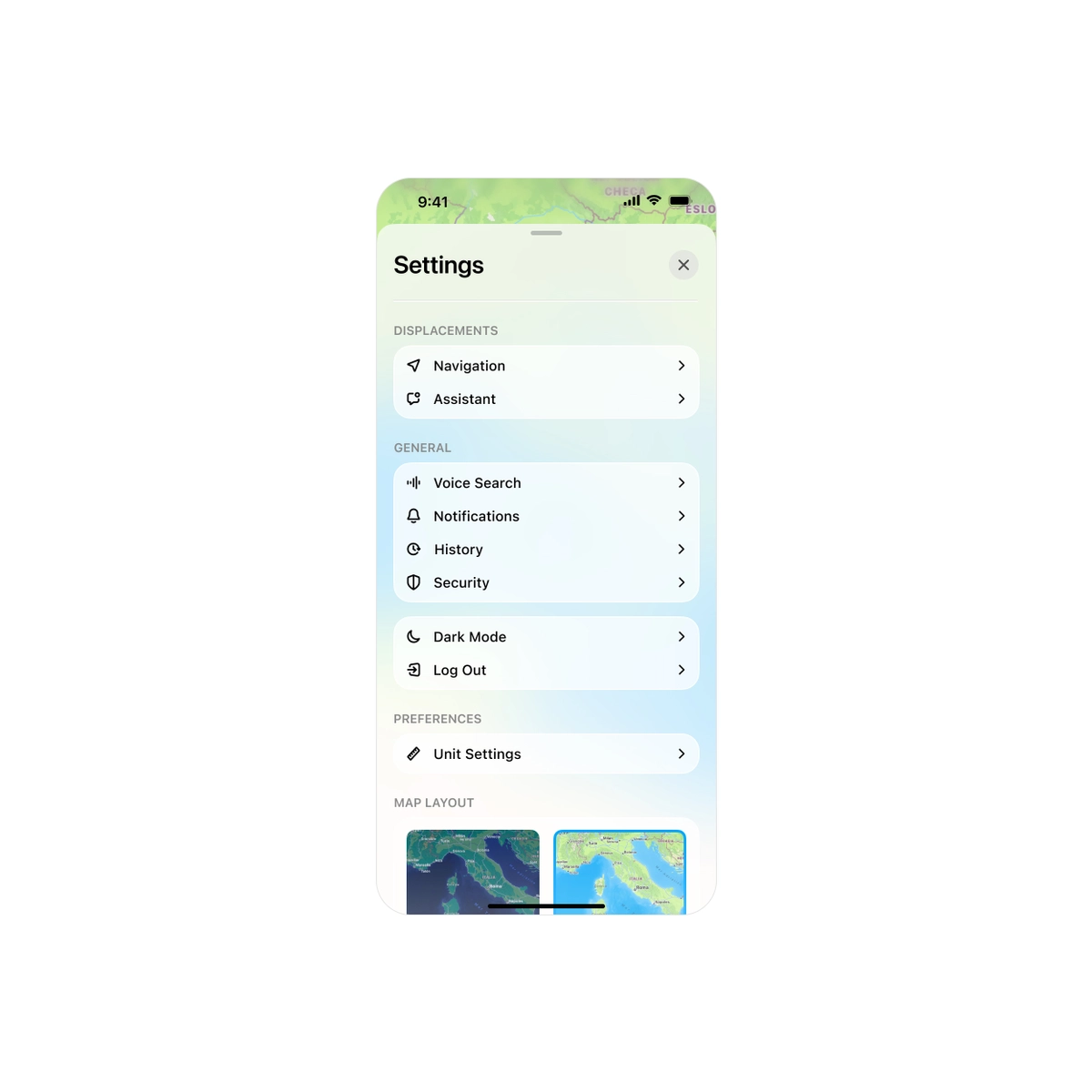 Settings Screen for a Maps App.