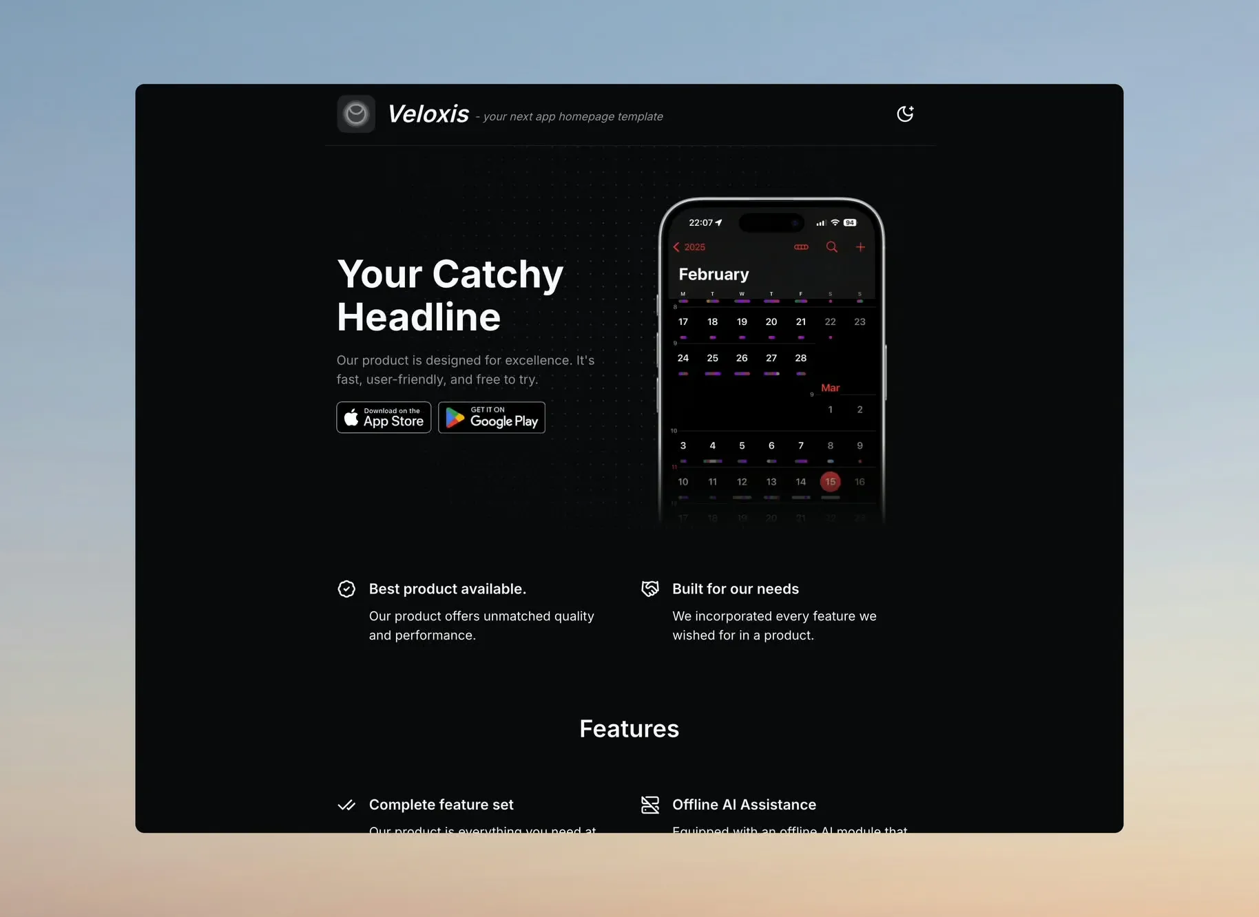 Veloxis - iOS/Android app homepage template